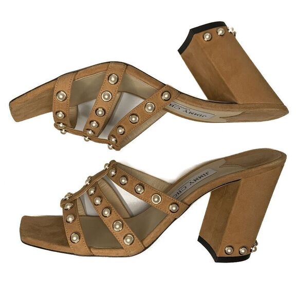 Jimmy Choo Hazal 85 Tan Suede Pearl Studded Heel Mule Slip On Sandal EU 39 US 9 - Picture 6 of 9